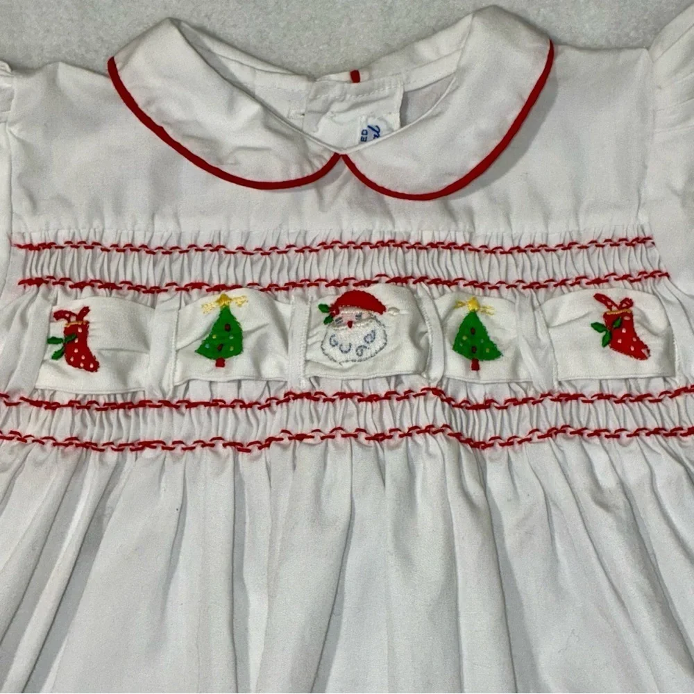 Vtg Imperial Smocked Christmas White & Red Dress Embroidered Ribbon 18mos